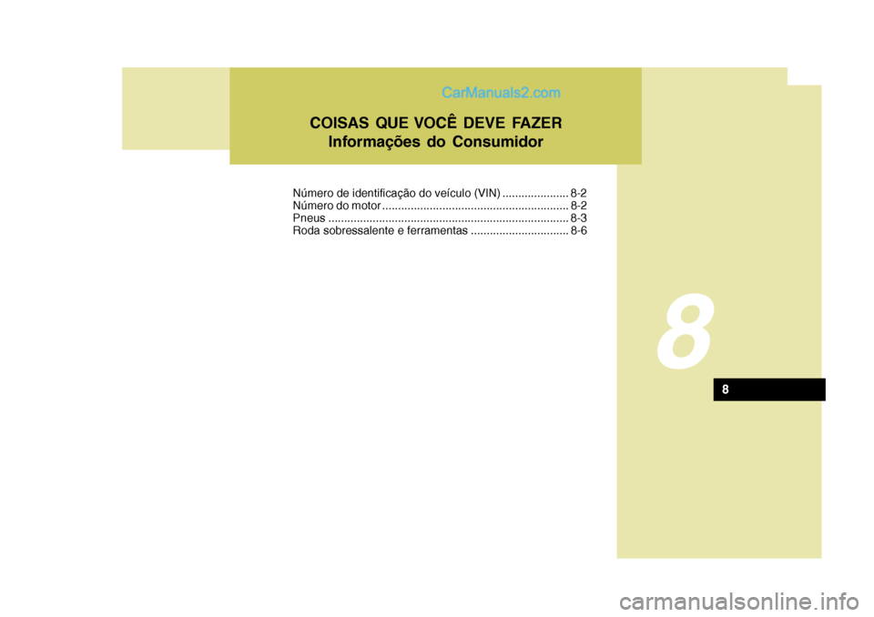 Hyundai Sonata 8
COISAS QUE VOCÊ DEVE FAZERInformações do Consumidor
8
Número de identificação do veículo (VIN) ..................... 8-2
Número do motor .................................................... Hyundai Sonata 8
COISAS QUE VOCÊ DEVE FAZERInformações do Consumidor
8
Número de identificação do veículo (VIN) ..................... 8-2
Número do motor ....................................................