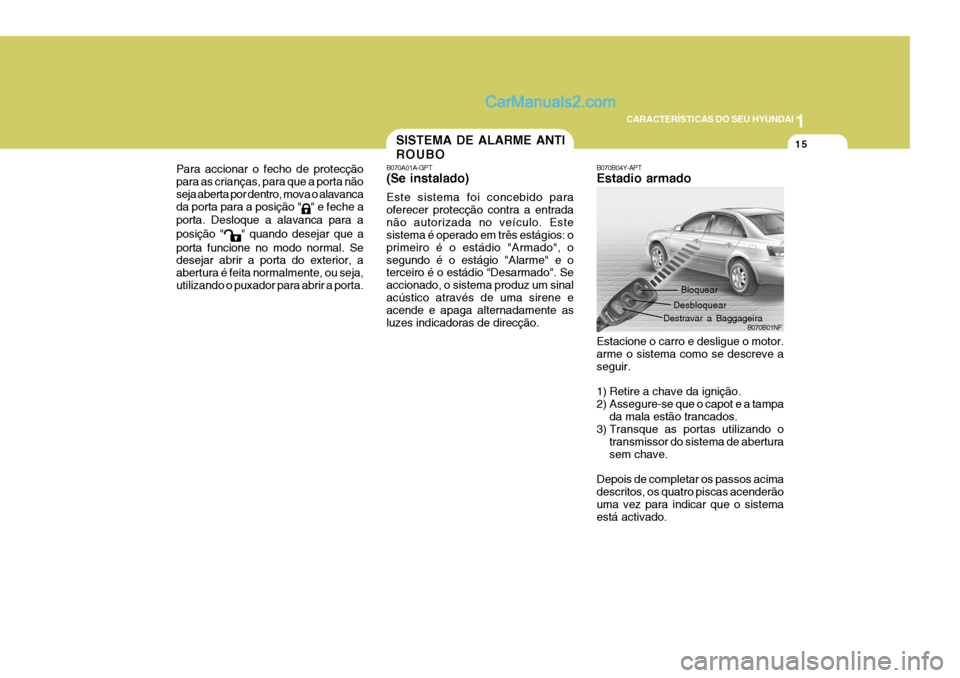 Hyundai Sonata 1
CARACTERÍSTICAS DO SEU HYUNDAI
15
Para accionar o fecho de protecção para as crianças, para que a porta nãoseja aberta por dentro, mova o alavancada porta para a posição "
" e feche a
porta. Hyundai Sonata 1
CARACTERÍSTICAS DO SEU HYUNDAI
15
Para accionar o fecho de protecção para as crianças, para que a porta nãoseja aberta por dentro, mova o alavancada porta para a posição "
" e feche a
porta.