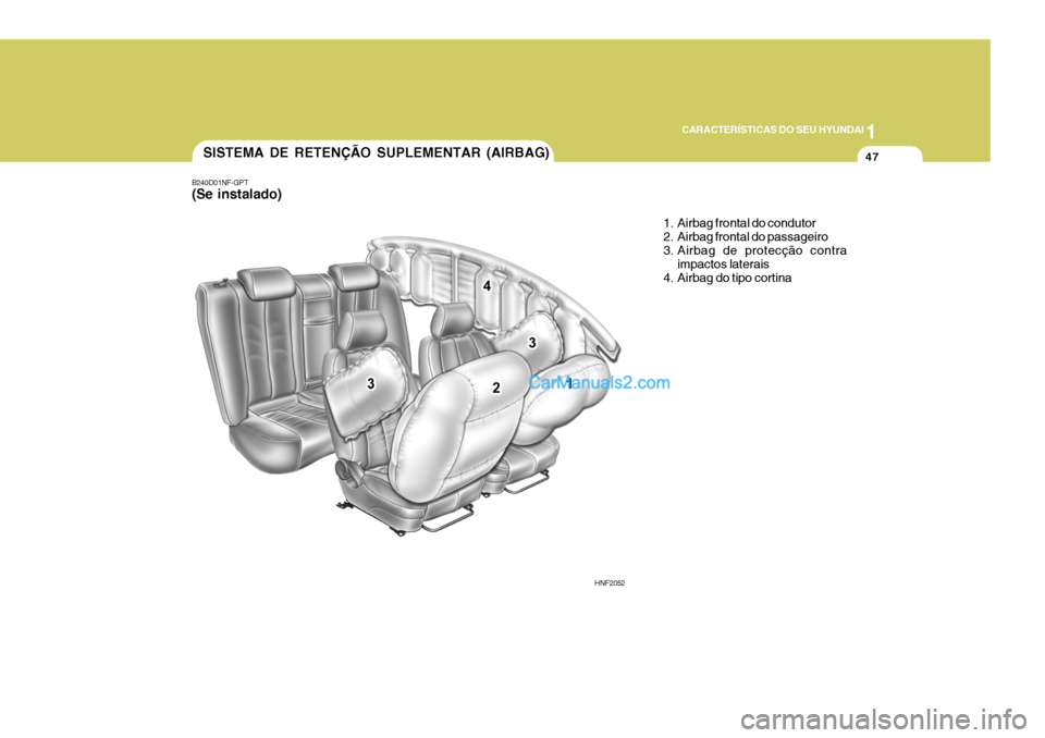 Hyundai Sonata 1
CARACTERÍSTICAS DO SEU HYUNDAI
47
B240D01NF-GPT (Se instalado)
SISTEMA DE RETENÇÃO SUPLEMENTAR (AIRBAG)
1. Airbag frontal do condutor
2. Airbag frontal do passageiro
3. Airbag de protecção co Hyundai Sonata 1
CARACTERÍSTICAS DO SEU HYUNDAI
47
B240D01NF-GPT (Se instalado)
SISTEMA DE RETENÇÃO SUPLEMENTAR (AIRBAG)
1. Airbag frontal do condutor
2. Airbag frontal do passageiro
3. Airbag de protecção co