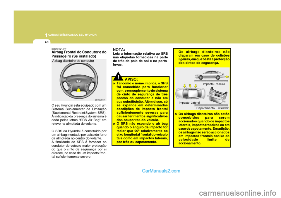 Hyundai Sonata 1CARACTERÍSTICAS DO SEU HYUNDAI
48
!
NOTA: Leia a informação relativa ao SRS nas etiquetas fornecidas na parte de trás da pala de sol e no porta-luvas.
AVISO:
o Tal como o nome implica, o SRS foi Hyundai Sonata 1CARACTERÍSTICAS DO SEU HYUNDAI
48
!
NOTA: Leia a informação relativa ao SRS nas etiquetas fornecidas na parte de trás da pala de sol e no porta-luvas.
AVISO:
o Tal como o nome implica, o SRS foi