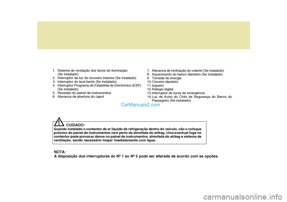 Hyundai Sonata 2006 Manual do proprietário (in Portuguese) 1. Sistema de nivelação dos farois de iluminação(Se instalado)
2. Interruptor da luz de nevoeiro traseira (Se instalado)
3. Interruptor do lavá-faróis (Se instalado)
4. Interruptor Programa de Hyundai Sonata 2006 Manual do proprietário (in Portuguese) 1. Sistema de nivelação dos farois de iluminação(Se instalado)
2. Interruptor da luz de nevoeiro traseira (Se instalado)
3. Interruptor do lavá-faróis (Se instalado)
4. Interruptor Programa de