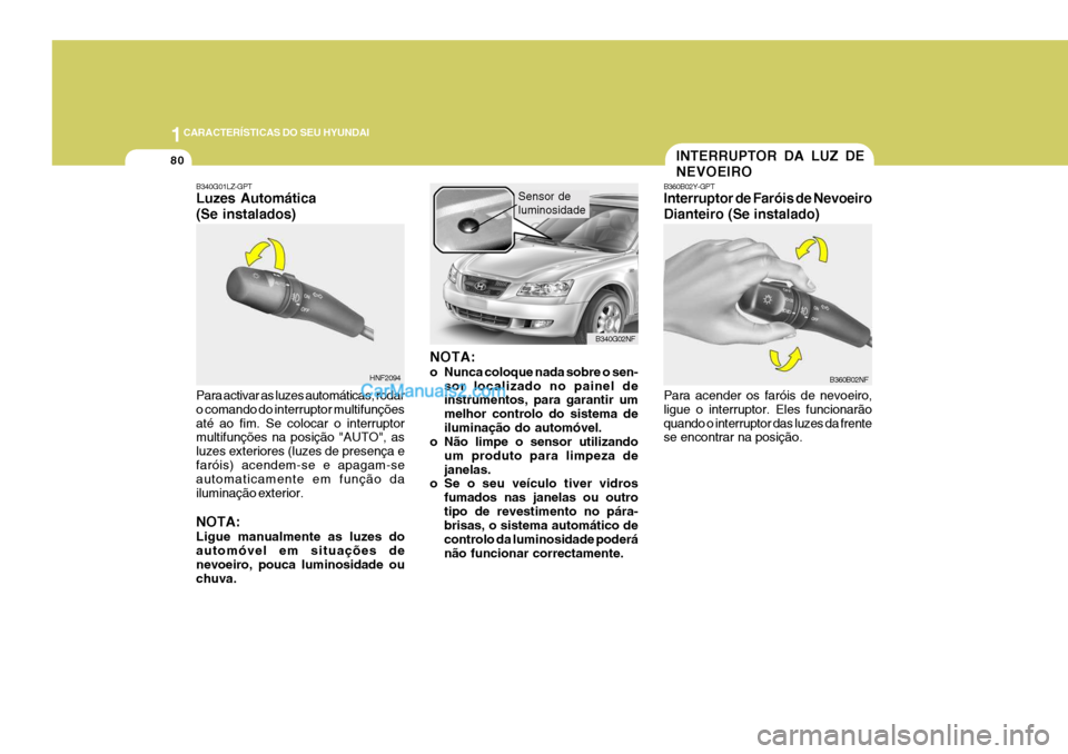 Hyundai Sonata 1CARACTERÍSTICAS DO SEU HYUNDAI
80
HNF2094 B340G02NF
B340G01LZ-GPT Luzes Automática (Se instalados) Para activar as luzes automáticas, rodar o comando do interruptor multifunçõesaté ao fim. Se c Hyundai Sonata 1CARACTERÍSTICAS DO SEU HYUNDAI
80
HNF2094 B340G02NF
B340G01LZ-GPT Luzes Automática (Se instalados) Para activar as luzes automáticas, rodar o comando do interruptor multifunçõesaté ao fim. Se c