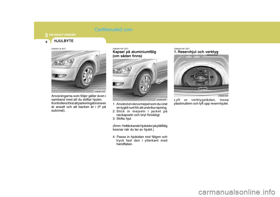Hyundai Sonata 3 OM NÅGOT HÄNDER
6
1. Använd en skruvmejsel som du viraten tygbit runt för att undvika repning.
2. Stick in mejseln i jacket på
navkapseln och bryt försiktigt.
3. Skifta hjul. (Anm: Heltäckand