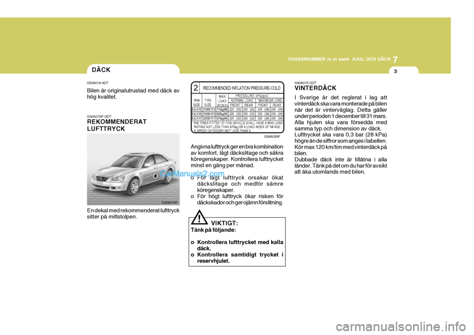 Hyundai Sonata 7
CHASSINUMMER m m samt HJUL OCH DÄCK
3DÄCK
I020A01A-ADT Bilen är originalutrustad med däck av hög kvalitet.
I030A01NF-GDT REKOMMENDERAT LUFTTRYCK En dekal med rekommenderat lufttryck sitter på Hyundai Sonata 7
CHASSINUMMER m m samt HJUL OCH DÄCK
3DÄCK
I020A01A-ADT Bilen är originalutrustad med däck av hög kvalitet.
I030A01NF-GDT REKOMMENDERAT LUFTTRYCK En dekal med rekommenderat lufttryck sitter på