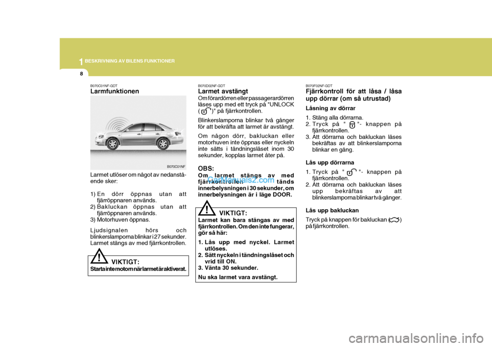 Hyundai Sonata 1BESKRIVNING AV BILENS FUNKTIONER
8
VIKTIGT:
Larmet kan bara stängas av med fjärrkontrollen. Om den inte fungerar, gör så här:
1. Lås upp med nyckel. Larmet utlöses.
2. Sätt nyckeln i tändni Hyundai Sonata 1BESKRIVNING AV BILENS FUNKTIONER
8
VIKTIGT:
Larmet kan bara stängas av med fjärrkontrollen. Om den inte fungerar, gör så här:
1. Lås upp med nyckel. Larmet utlöses.
2. Sätt nyckeln i tändni