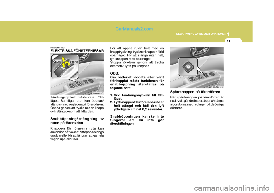 Hyundai Sonata 1
BESKRIVNING AV BILENS FUNKTIONER
11
B060A01NF-GDT ELEKTRISKA FÖNSTERHISSAR
Tändningsnyckeln måste vara i ON- läget. Samtliga rutor kan öppnas/ stängas med reglagen på förardörren.Öppna gen