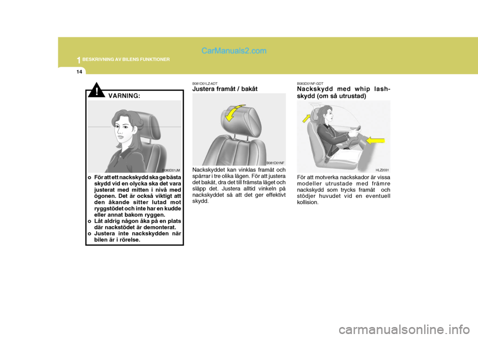 Hyundai Sonata 1BESKRIVNING AV BILENS FUNKTIONER
14
B081D01LZ-ADT Justera framåt / bakåt Nackskyddet kan vinklas framåt och spärrar i tre olika lägen. För att justera det bakåt, dra det till främsta läget o