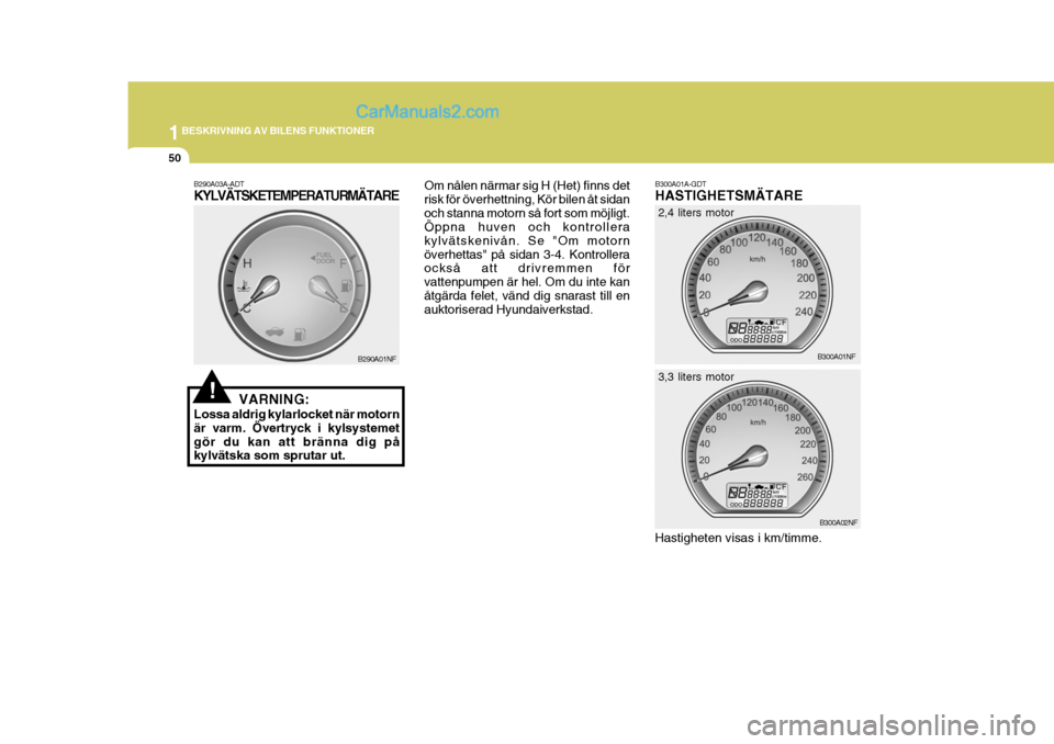 Hyundai Sonata 1BESKRIVNING AV BILENS FUNKTIONER
50
!
B290A03A-ADT KYLVÄTSKETEMPERATURMÄTARE
VARNING:
Lossa aldrig kylarlocket när motorn är varm. Övertryck i kylsystemetgör du kan att bränna dig på kylväts
