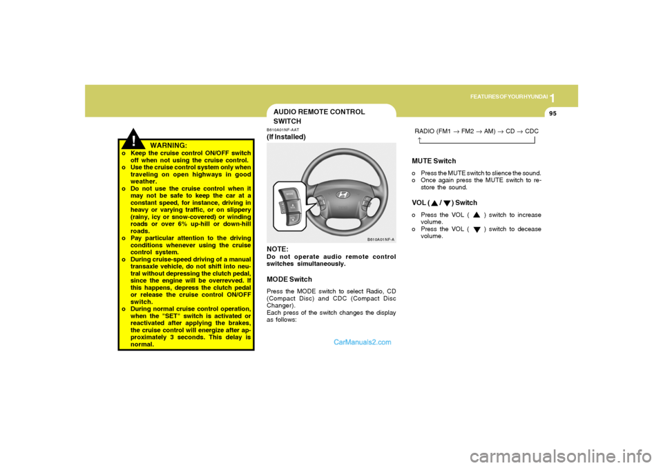Hyundai Sonata 2005  Owners Manual 1
FEATURES OF YOUR HYUNDAI
95
MUTE Switcho Press the MUTE switch to slience the sound.
o Once again press the MUTE switch to re-
store the sound.VOL (      /      ) Switcho Press the VOL (     ) switc