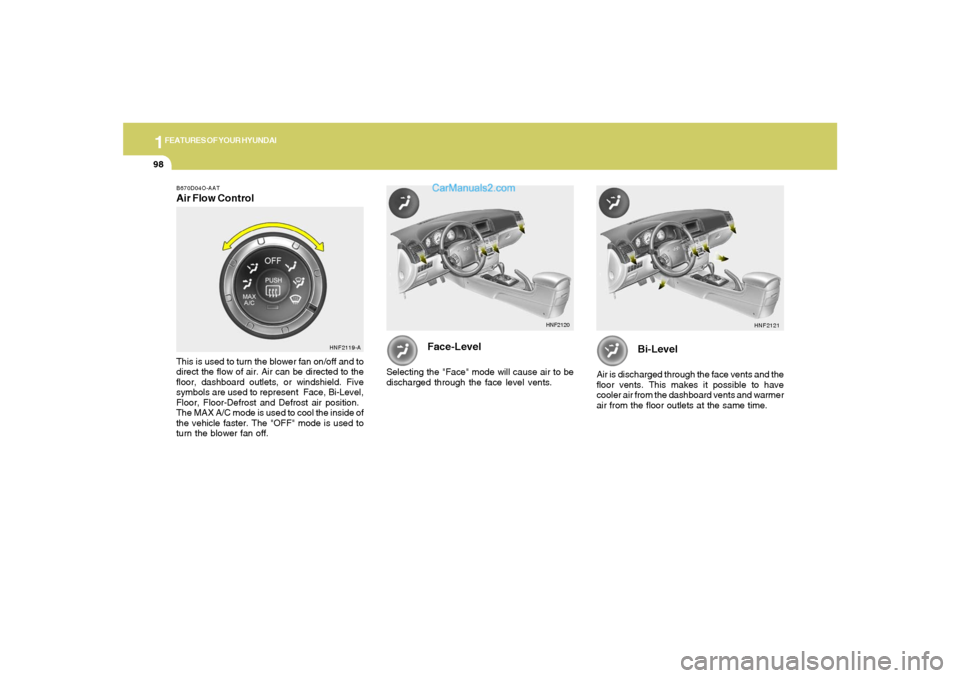 Hyundai Sonata 2005  Owners Manual 1FEATURES OF YOUR HYUNDAI98
B670D04O-AATAir Flow ControlThis is used to turn the blower fan on/off and to
direct the flow of air. Air can be directed to the
floor, dashboard outlets, or windshield. Fi