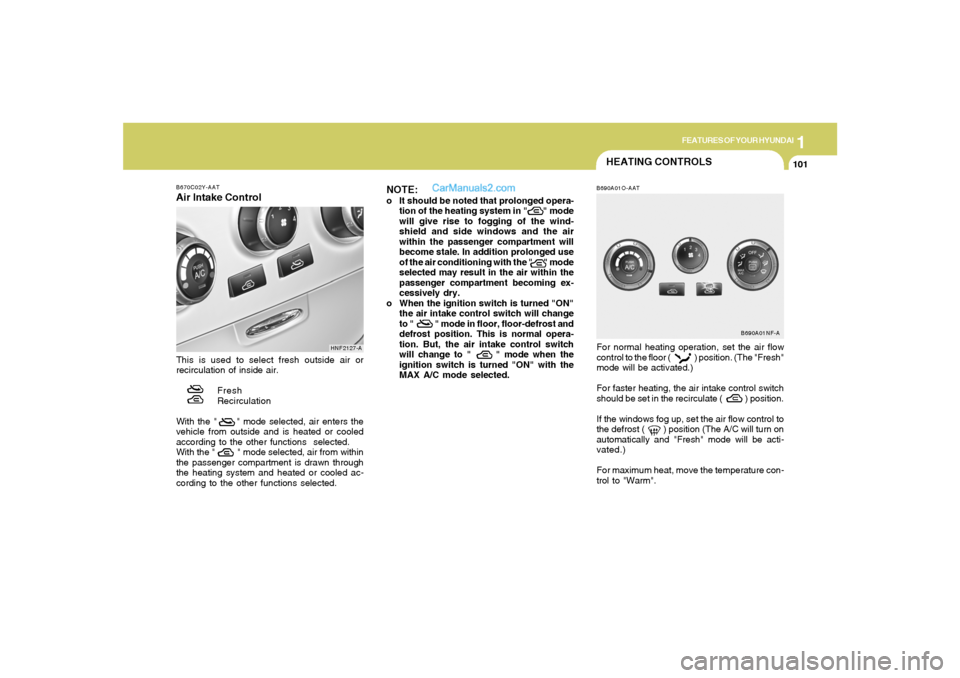 Hyundai Sonata 2005  Owners Manual 1
FEATURES OF YOUR HYUNDAI
101
For normal heating operation, set the air flow
control to the floor (                ) position. (The "Fresh"
mode will be activated.)
For faster heating, the air intake