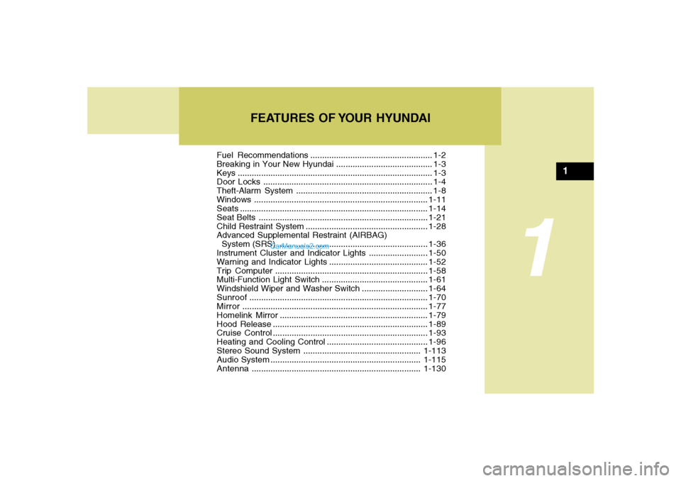 Hyundai Sonata 1
Fuel Recommendations.................................................... 1-2
Breaking in Your New Hyundai......................................... 1-3
Keys ..........................................