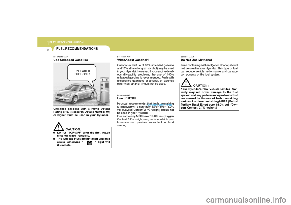 Hyundai Sonata 2005 User Guide 1FEATURES OF YOUR HYUNDAI2
B010A01NF-A
FUEL RECOMMENDATIONS
CAUTION:
Your Hyundais New Vehicle Limited War-
ranty may not cover damage to the fuel
system and any performance problems that
are caused Hyundai Sonata 2005 User Guide 1FEATURES OF YOUR HYUNDAI2
B010A01NF-A
FUEL RECOMMENDATIONS
CAUTION:
Your Hyundais New Vehicle Limited War-
ranty may not cover damage to the fuel
system and any performance problems that
are caused