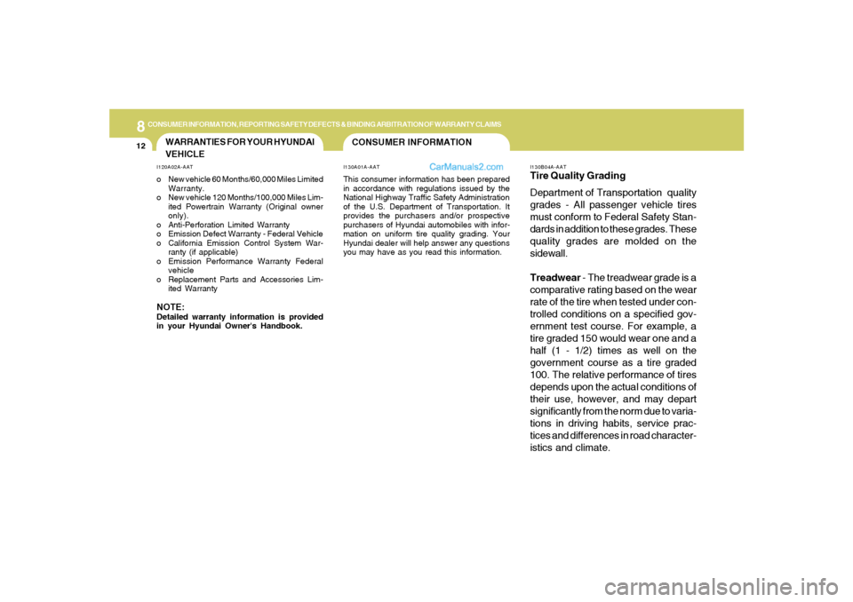 Hyundai Sonata 2005  Owners Manual 8
CONSUMER INFORMATION, REPORTING SAFETY DEFECTS & BINDING ARBITRATION OF WARRANTY CLAIMS
12
CONSUMER INFORMATIONI130A01A-AATThis consumer information has been prepared
in accordance with regulations 