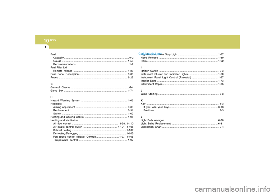 Hyundai Sonata 2005 Owners Manual 10
INDEX
4
Fuel
Capacity.......................................................................................... 9-2
Gauge............................................................................ Hyundai Sonata 2005 Owners Manual 10
INDEX
4
Fuel
Capacity.......................................................................................... 9-2
Gauge............................................................................