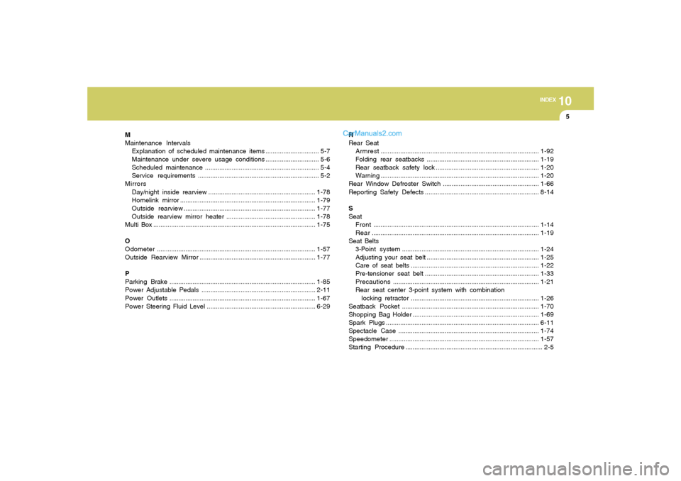 Hyundai Sonata 2005 Owners Manual 10
INDEX
5
M
Maintenance Intervals
Explanation of scheduled maintenance items .............................. 5-7
Maintenance under severe usage conditions.............................. 5-6
Scheduled m Hyundai Sonata 2005 Owners Manual 10
INDEX
5
M
Maintenance Intervals
Explanation of scheduled maintenance items .............................. 5-7
Maintenance under severe usage conditions.............................. 5-6
Scheduled m