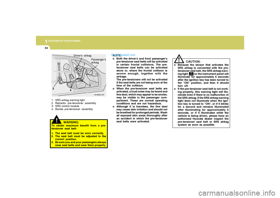 Hyundai Sonata 1FEATURES OF YOUR HYUNDAI34
!
!
AIR
BAG
1. SRS airbag warning light
2. Retractor pre-tensioner assembly
3. SRS control module
4. Buckle pre-tensioner assembly
B180B01NF
1
23 Drivers airbag
Passenger