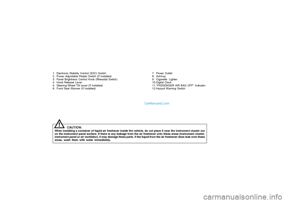 Hyundai Sonata 1. Electronic Stability Control (ESC) Switch
2. Power Adjustable Pedals Switch (If Installed)
3. Panel Brightness Control Knob (Rheostat Switch)
4. Hood Release Lever
5. Steering Wheel Tilt Lever (If 