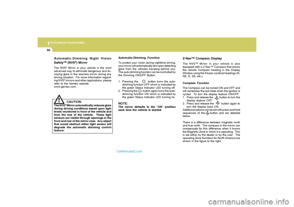 Hyundai Sonata 2005 Owners Manual 1FEATURES OF YOUR HYUNDAI80
Automatic-Dimming Night Vision
Safety™ (NVS
®) Mirror
The NVS
® Mirror in your vehicle is the most
advanced way to eliminate dangerous and an-
noying glare in the rearv