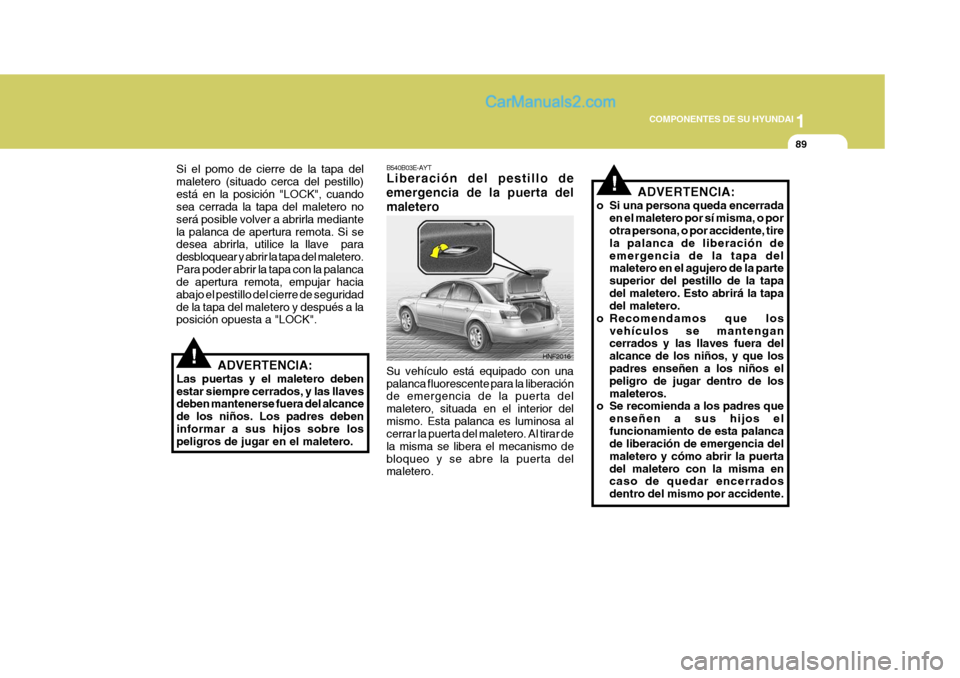 Hyundai Sonata 2005  Manual del propietario (in Spanish) 1
COMPONENTES DE SU HYUNDAI
89
HNF2016
B540B03E-AYT Liberación del pestillo de emergencia de la puerta delmaletero Su vehículo está equipado con una palanca fluorescente para la liberación de emer