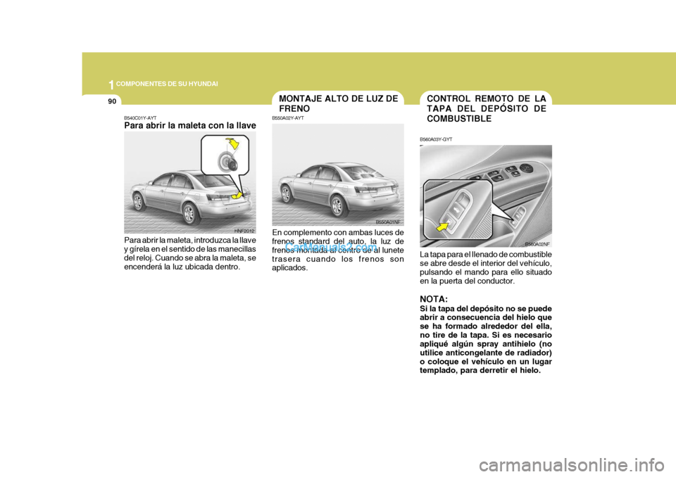 Hyundai Sonata 2005  Manual del propietario (in Spanish) 1COMPONENTES DE SU HYUNDAI
90CONTROL REMOTO DE LA TAPA DEL DEPÓSITO DECOMBUSTIBLE
B560A03Y-GYT La tapa para el llenado de combustible se abre desde el interior del vehículo,pulsando el mando para el