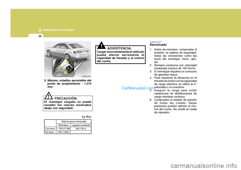 Hyundai Sonata 2005 Manual del propietario (in Spanish) 2
26
CONDUCIENDO SU HYUNDAI
!
!PRECAUCIÓN:
El remolque cargado no puede exceder los valores mostrados abajo con seguridad. ADVERTENCIA:
Cargar incorrectamente el vehículo puede afectar seriamente l Hyundai Sonata 2005 Manual del propietario (in Spanish) 2
26
CONDUCIENDO SU HYUNDAI
!
!PRECAUCIÓN:
El remolque cargado no puede exceder los valores mostrados abajo con seguridad. ADVERTENCIA:
Cargar incorrectamente el vehículo puede afectar seriamente l