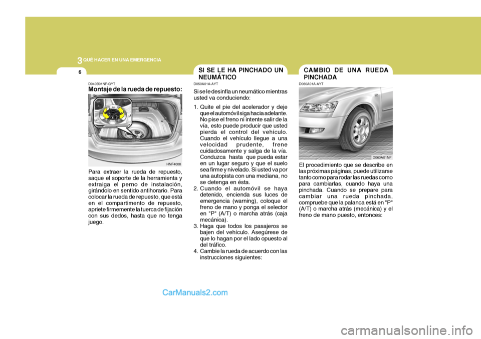 Hyundai Sonata 2005  Manual del propietario (in Spanish) 3QUÉ HACER EN UNA EMERGENCIA
6SI SE LE HA PINCHADO UN NEUMÁTICO
D050A01A-AYT Si se le desinfla un neumático mientras usted va conduciendo: 
1. Quite el pie del acelerador y deje
que el automóvil s