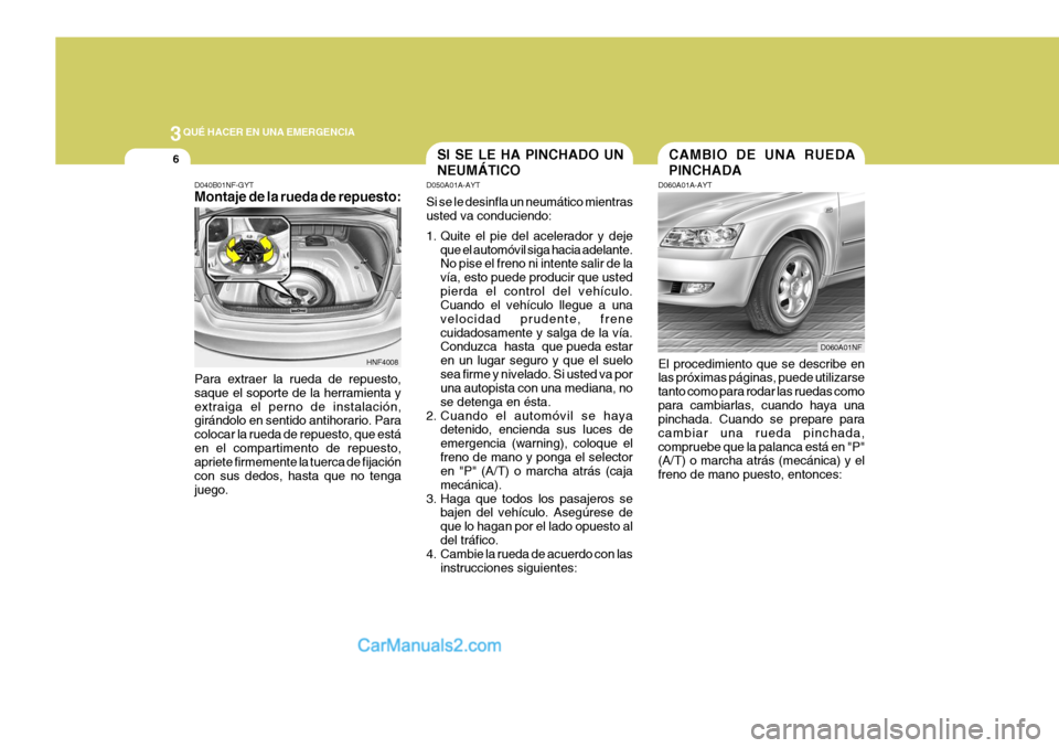 Hyundai Sonata 2005 Manual del propietario (in Spanish) 3QUÉ HACER EN UNA EMERGENCIA
6SI SE LE HA PINCHADO UN NEUMÁTICO
D050A01A-AYT Si se le desinfla un neumático mientras usted va conduciendo:
1. Quite el pie del acelerador y deje
que el automóvil s Hyundai Sonata 2005 Manual del propietario (in Spanish) 3QUÉ HACER EN UNA EMERGENCIA
6SI SE LE HA PINCHADO UN NEUMÁTICO
D050A01A-AYT Si se le desinfla un neumático mientras usted va conduciendo:
1. Quite el pie del acelerador y deje
que el automóvil s