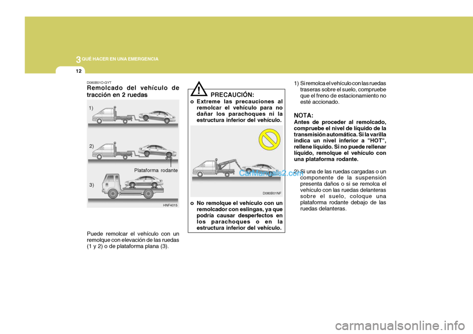 Hyundai Sonata 2005 Manual del propietario (in Spanish) 3QUÉ HACER EN UNA EMERGENCIA
12
1) Si remolca el vehículo con las ruedas
traseras sobre el suelo, compruebe que el freno de estacionamiento no esté accionado.
NOTA: Antes de proceder al remolcado, Hyundai Sonata 2005 Manual del propietario (in Spanish) 3QUÉ HACER EN UNA EMERGENCIA
12
1) Si remolca el vehículo con las ruedas
traseras sobre el suelo, compruebe que el freno de estacionamiento no esté accionado.
NOTA: Antes de proceder al remolcado,
