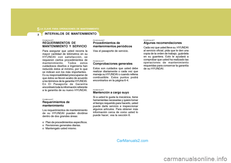 Hyundai Sonata 2005  Manual del propietario (in Spanish) 5LA CLAVE PARA OPERACIONES DE MANTENIMIENTO
2INTERVALOS DE MANTENIMIENTO
F010E01A-AYT
Mantención a cargo suyo
Si a usted le gusta la mecánica, tiene herramientas necesarias y quiere tomarel tiempo r