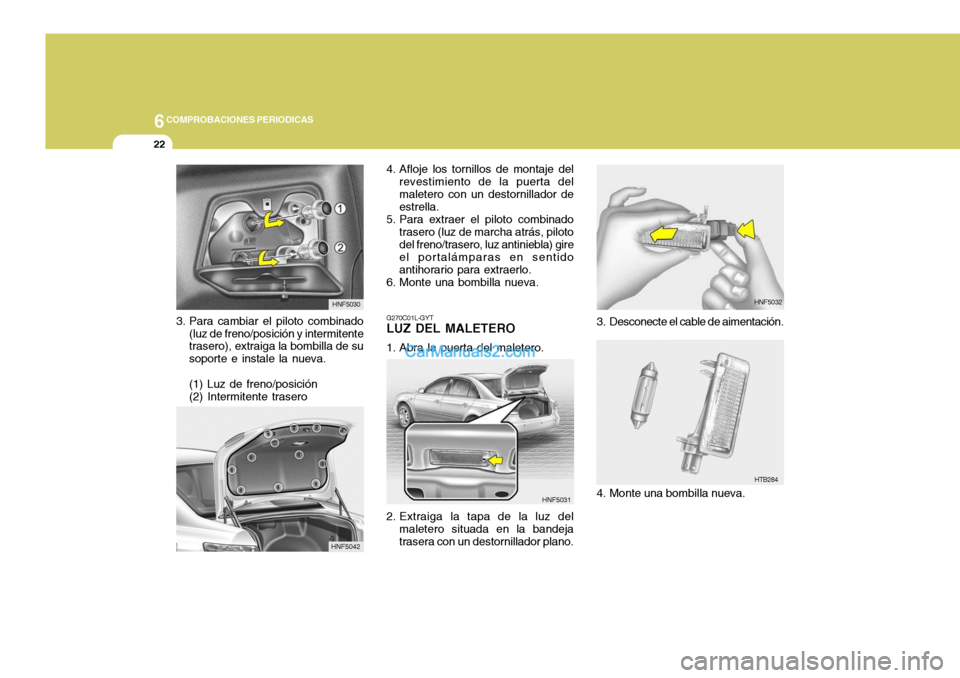Hyundai Sonata 2005  Manual del propietario (in Spanish) 6COMPROBACIONES PERIODICAS
22
HNF5042 4. Afloje los tornillos de montaje del
revestimiento de la puerta del maletero con un destornillador de estrella.
5. Para extraer el piloto combinado trasero (luz