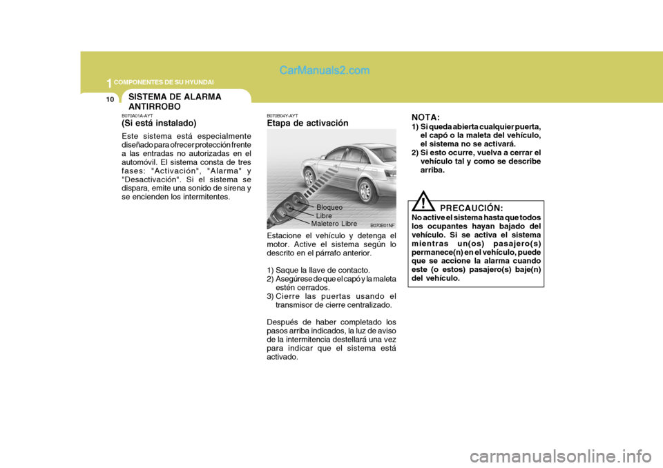 Hyundai Sonata 2005 Manual del propietario (in Spanish) 1COMPONENTES DE SU HYUNDAI
10
B070A01A-AYT (Si está instalado) Este sistema está especialmente diseñado para ofrecer protección frentea las entradas no autorizadas en el automóvil. El sistema con Hyundai Sonata 2005 Manual del propietario (in Spanish) 1COMPONENTES DE SU HYUNDAI
10
B070A01A-AYT (Si está instalado) Este sistema está especialmente diseñado para ofrecer protección frentea las entradas no autorizadas en el automóvil. El sistema con