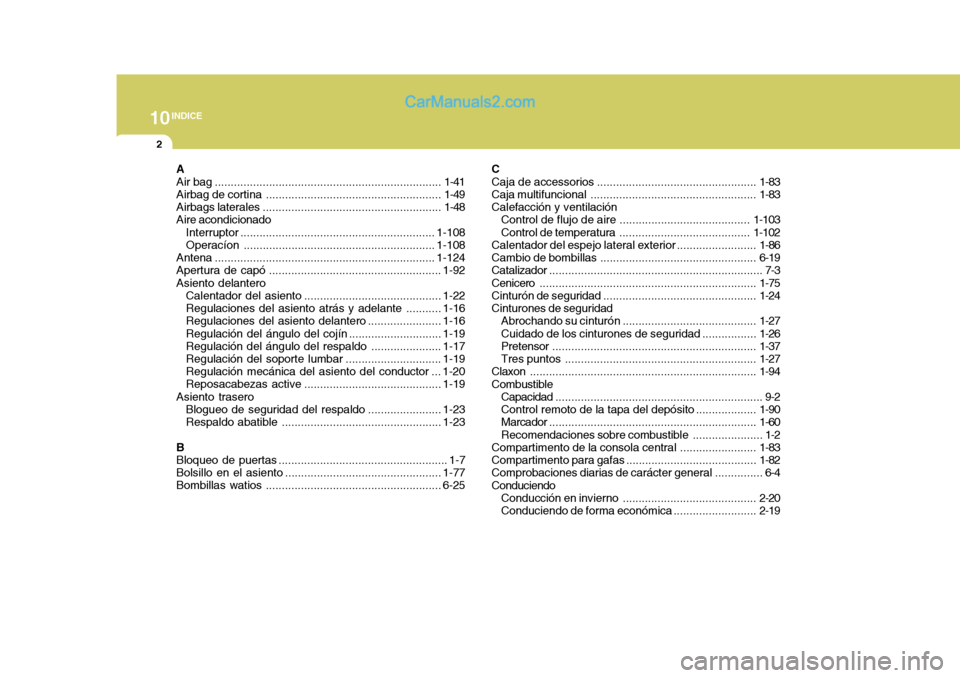 Hyundai Sonata 2005  Manual del propietario (in Spanish) 10INDICE
2
A Air bag ....................................................................... 1-41
Airbag de  cortina ....................................................... 1-49
Airbags laterales ....