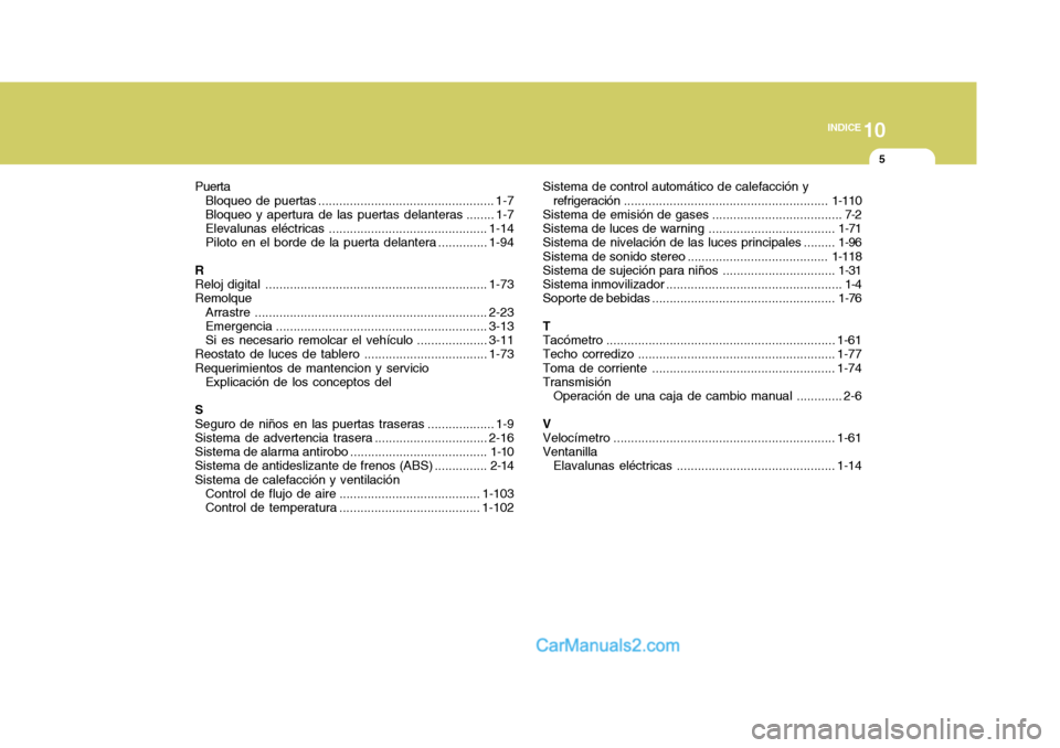 Hyundai Sonata 2005  Manual del propietario (in Spanish) 10
INDICE
5
Puerta Bloqueo de puertas .................................................. 1-7
Bloqueo y apertura de  las puertas delanteras ........ 1-7
Elevalunas el éctricas.........................