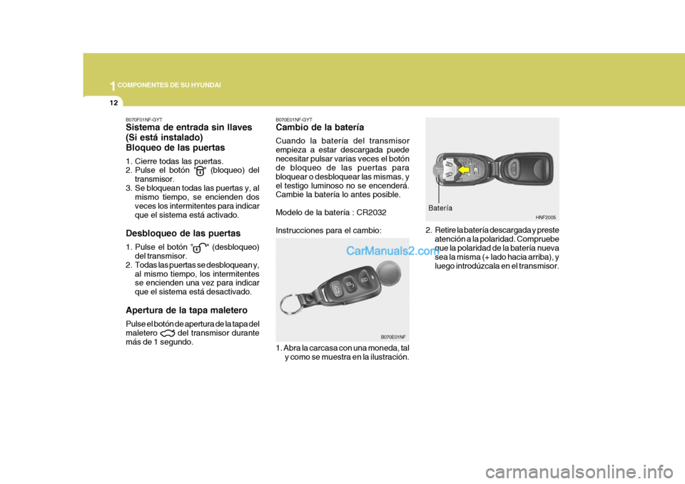 Hyundai Sonata 2005  Manual del propietario (in Spanish) 1COMPONENTES DE SU HYUNDAI
12
B070F01NF-GYT Sistema de entrada sin llaves (Si está instalado)Bloqueo de las puertas 
1. Cierre todas las puertas. 
2. Pulse el botón "
" (bloqueo) del
transmisor.
3. 