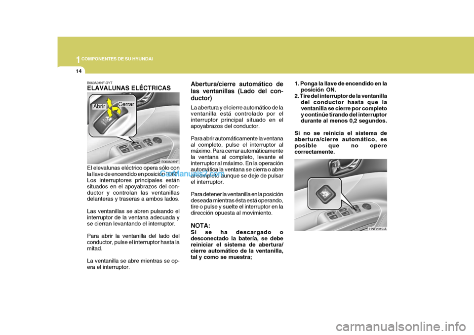 Hyundai Sonata 2005 Manual del propietario (in Spanish) 1COMPONENTES DE SU HYUNDAI
14
B060A01NF-GYT ELAVALUNAS ELÉCTRICAS El elevalunas eléctrico opera sólo con la llave de encendido en posición "ON". Los interruptores principales están situados en el Hyundai Sonata 2005 Manual del propietario (in Spanish) 1COMPONENTES DE SU HYUNDAI
14
B060A01NF-GYT ELAVALUNAS ELÉCTRICAS El elevalunas eléctrico opera sólo con la llave de encendido en posición "ON". Los interruptores principales están situados en el