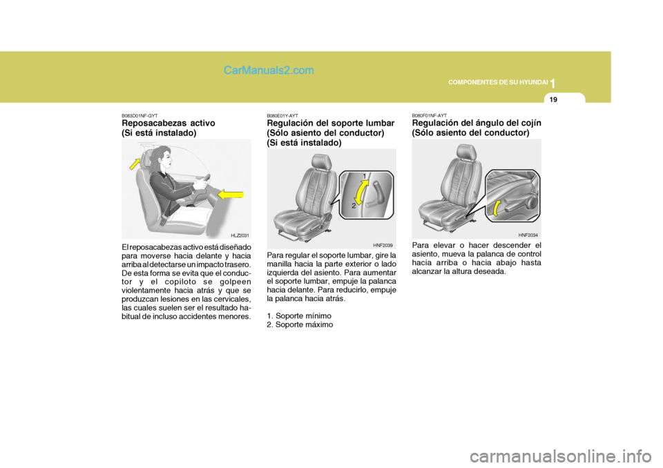 Hyundai Sonata 2005  Manual del propietario (in Spanish) 1
COMPONENTES DE SU HYUNDAI
19
B080F01NF-AYT Regulación del ángulo del cojín (Sólo asiento del conductor) Para elevar o hacer descender el asiento, mueva la palanca de controlhacia arriba o hacia 
