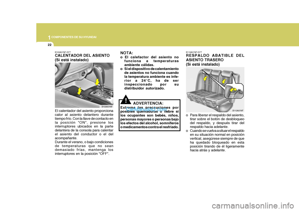 Hyundai Sonata 2005  Manual del propietario (in Spanish) 1COMPONENTES DE SU HYUNDAI
22
B110A01NF-GYT RESPALDO ABATIBLE DEL ASIENTO TRASERO(Si está instalado) 
o Para liberar el respaldo del asiento,
tirar sobre el botón de desbloqueo del respaldo, y despu