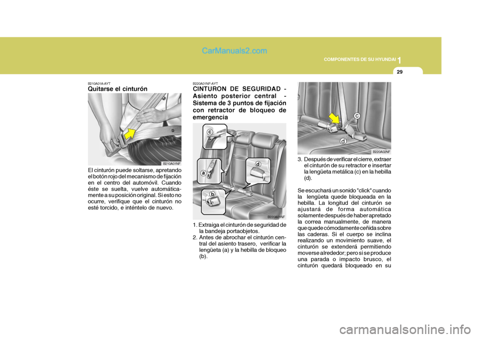 Hyundai Sonata 1
COMPONENTES DE SU HYUNDAI
29
B210A01A-AYT Quitarse el cinturón El cinturón puede soltarse, apretando el botón rojo del mecanismo de fijación en el centro del automóvil. Cuandoéste se suelta, v