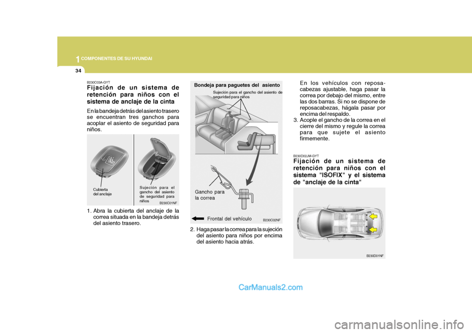 Hyundai Sonata 1COMPONENTES DE SU HYUNDAI
34
B230C02NF
Bondeja para paguetes del  asiento
Gancho para la correa
Frontal del vehículo
2. Haga pasar la correa para la sujeción
del asiento para niños por encima del 