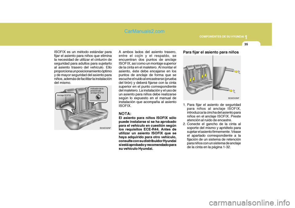 Hyundai Sonata 2005  Manual del propietario (in Spanish) 1
COMPONENTES DE SU HYUNDAI
35
ISOFIX es un método estándar para fijar el asiento para niños que eliminala necesidad de utilizar el cinturón de seguridad para adultos para sujetarlo al asiento tra