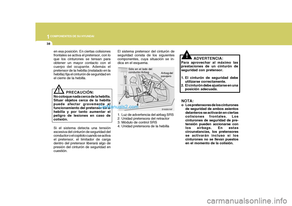 Hyundai Sonata 2005  Manual del propietario (in Spanish) 1COMPONENTES DE SU HYUNDAI
38
!
El sistema pretensor del cinturón de seguridad consta de los siguientescomponentes, cuya situación se in- dica en el esquema.
B180B01NF
1
2
3ADVERTENCIA:
Para aprovec