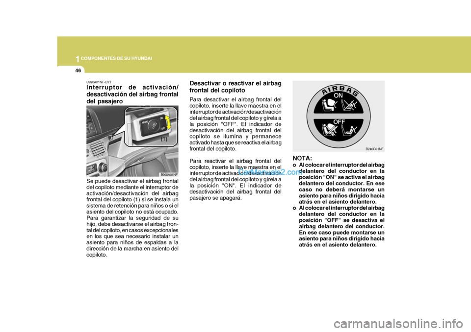 Hyundai Sonata 1COMPONENTES DE SU HYUNDAI
46
B990A01NF-GYT Interruptor de activación/ desactivación del airbag frontaldel pasajero
B990A01NF
Se puede desactivar el airbag frontal del copiloto mediante el interrupt