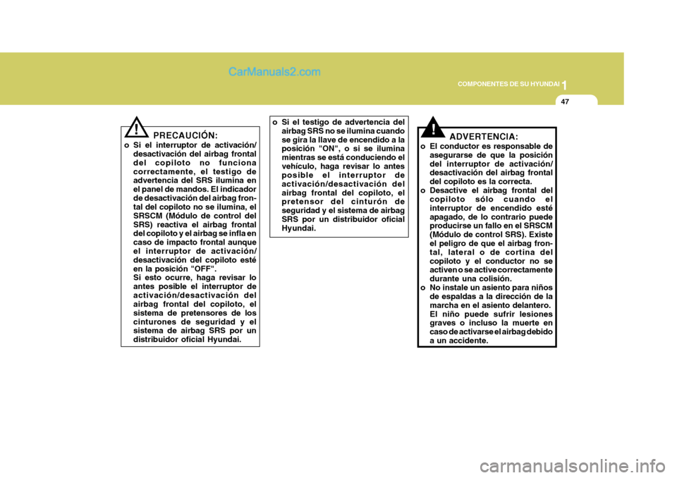 Hyundai Sonata 2005 Manual del propietario (in Spanish) 1
COMPONENTES DE SU HYUNDAI
47
!ADVERTENCIA:
o El conductor es responsable de asegurarse de que la posición del interruptor de activación/ desactivación del airbag frontal del copiloto es la correc Hyundai Sonata 2005 Manual del propietario (in Spanish) 1
COMPONENTES DE SU HYUNDAI
47
!ADVERTENCIA:
o El conductor es responsable de asegurarse de que la posición del interruptor de activación/ desactivación del airbag frontal del copiloto es la correc