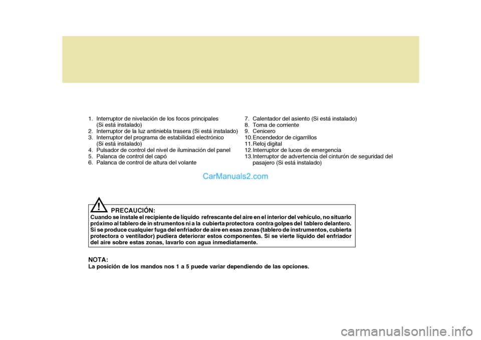 Hyundai Sonata 2005  Manual del propietario (in Spanish) 1. Interruptor de nivelación de los focos principales(Si está instalado)
2. Interruptor de la luz antiniebla trasera (Si está instalado) 
3. Interruptor del programa de estabilidad electrónico (Si