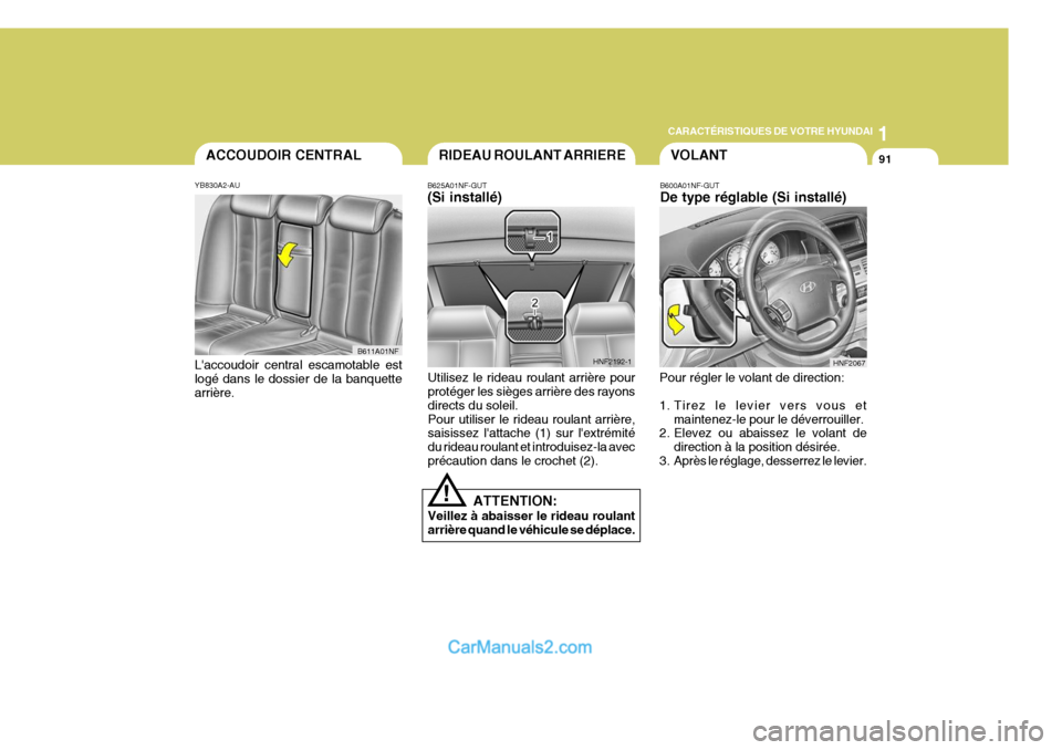 Hyundai Sonata 1
CARACTÉRISTIQUES DE VOTRE HYUNDAI
91ACCOUDOIR CENTRAL
YB830A2-AU Laccoudoir central escamotable est logé dans le dossier de la banquette arrière.
B611A01NF
VOLANT
B600A01NF-GUT De type réglable Hyundai Sonata 1
CARACTÉRISTIQUES DE VOTRE HYUNDAI
91ACCOUDOIR CENTRAL
YB830A2-AU Laccoudoir central escamotable est logé dans le dossier de la banquette arrière.
B611A01NF
VOLANT
B600A01NF-GUT De type réglable