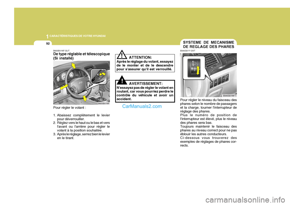 Hyundai Sonata 1CARACTÉRISTIQUES DE VOTRE HYUNDAI
92SYSTEME DE MECANISME DE REGLAGE DES PHARES
B340G01Y-GVT Pour régler le niveau du faisceau des phares selon le nombre de passagers et la charge, tourner linterru Hyundai Sonata 1CARACTÉRISTIQUES DE VOTRE HYUNDAI
92SYSTEME DE MECANISME DE REGLAGE DES PHARES
B340G01Y-GVT Pour régler le niveau du faisceau des phares selon le nombre de passagers et la charge, tourner linterru