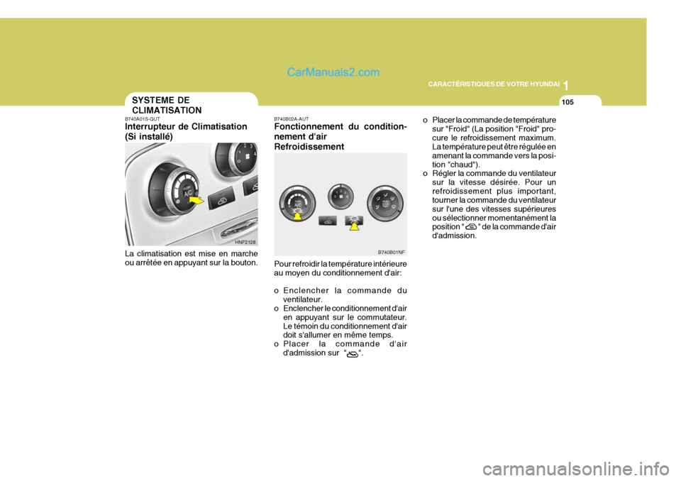 Hyundai Sonata 1
CARACTÉRISTIQUES DE VOTRE HYUNDAI
105
HNF2128
B740B01NFo Placer la commande de température
sur "Froid" (La position "Froid" pro- cure le refroidissement maximum. La température peut être régulà Hyundai Sonata 1
CARACTÉRISTIQUES DE VOTRE HYUNDAI
105
HNF2128
B740B01NFo Placer la commande de température
sur "Froid" (La position "Froid" pro- cure le refroidissement maximum. La température peut être régulÃ