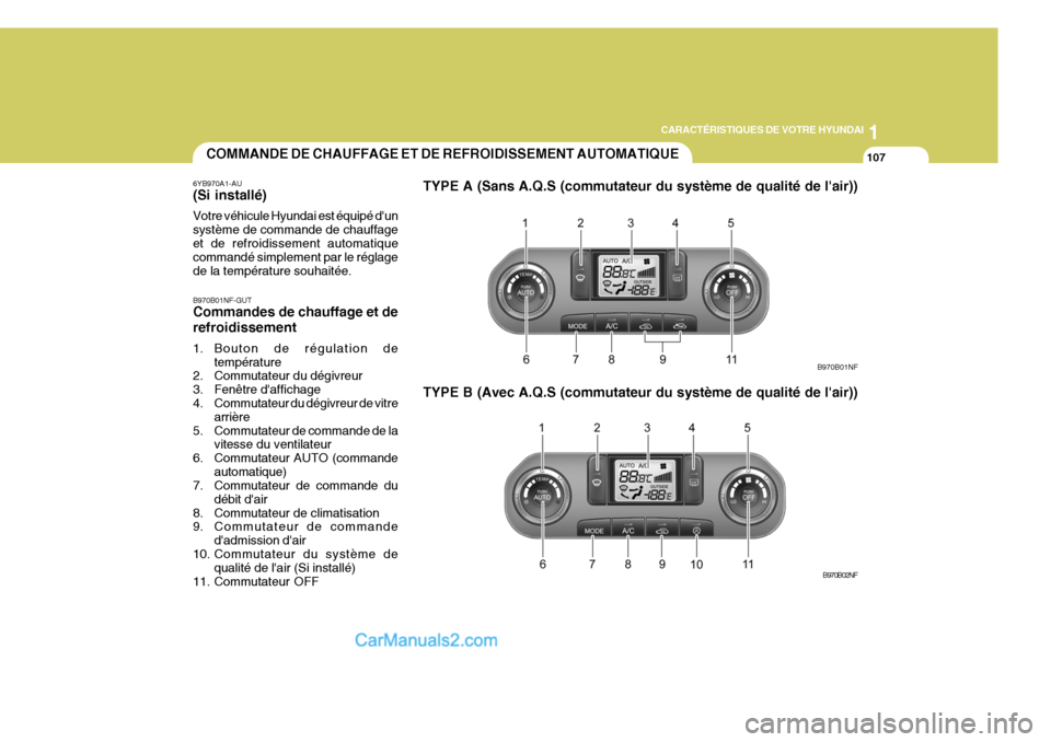 Hyundai Sonata 2005 Manuel du propriétaire (in French) 1
CARACTÉRISTIQUES DE VOTRE HYUNDAI
107
B970B01NF B970B02NFCOMMANDE DE CHAUFFAGE ET DE REFROIDISSEMENT AUTOMATIQUE
6YB970A1-AU (Si installé) Votre véhicule Hyundai est équipé dun système de com Hyundai Sonata 2005 Manuel du propriétaire (in French) 1
CARACTÉRISTIQUES DE VOTRE HYUNDAI
107
B970B01NF B970B02NFCOMMANDE DE CHAUFFAGE ET DE REFROIDISSEMENT AUTOMATIQUE
6YB970A1-AU (Si installé) Votre véhicule Hyundai est équipé dun système de com