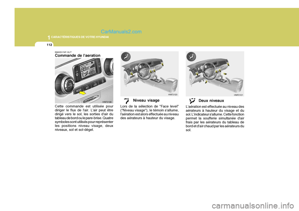 Hyundai Sonata 2005 Manuel du propriétaire (in French) 1CARACTÉRISTIQUES DE VOTRE HYUNDAI
112
B980E01NF-GUT Commande de laeration Cette commande est utilisée pour diriger le flux de lair. Lair peut être dirigé vers le sol, les sorties dair dutable Hyundai Sonata 2005 Manuel du propriétaire (in French) 1CARACTÉRISTIQUES DE VOTRE HYUNDAI
112
B980E01NF-GUT Commande de laeration Cette commande est utilisée pour diriger le flux de lair. Lair peut être dirigé vers le sol, les sorties dair dutable